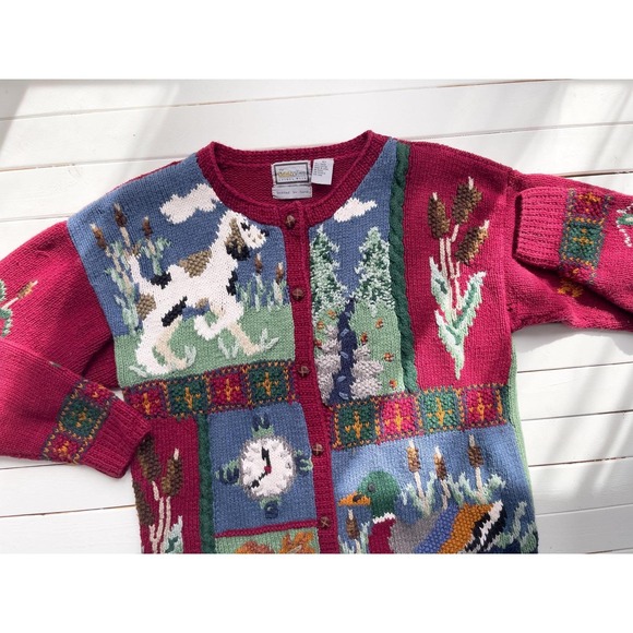 vtg Cabela's dog duck hunting hand knit cardigan sweater - Picture 2 of 4